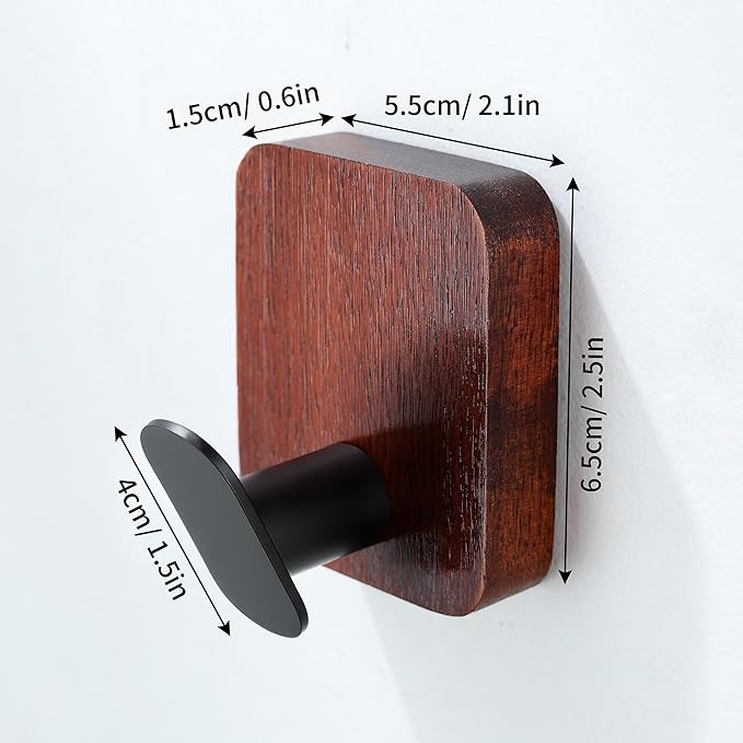 DELITON Acacia Wooden Towel Hooks Red Brown, 4 Pack Sticky Hooks for Hanging Towels, Coat, Hat, Robe, Heavy Duty, No Damage