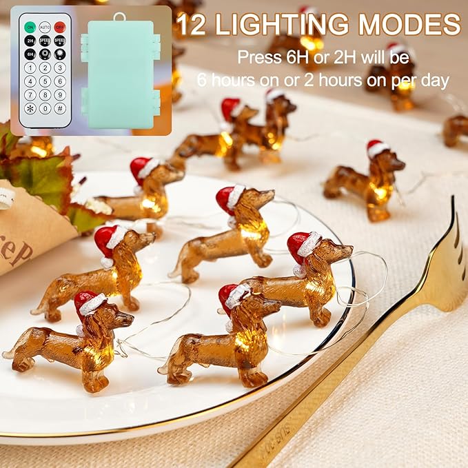 BOHON Dachshund Christmas Lights 10ft 30 LEDs Weiner Dog Christmas Decorations Fairy String Lights Battery Operated Dachshund Gift for Indoor Party Tree Puppy Pet Themed Ornament with Remote