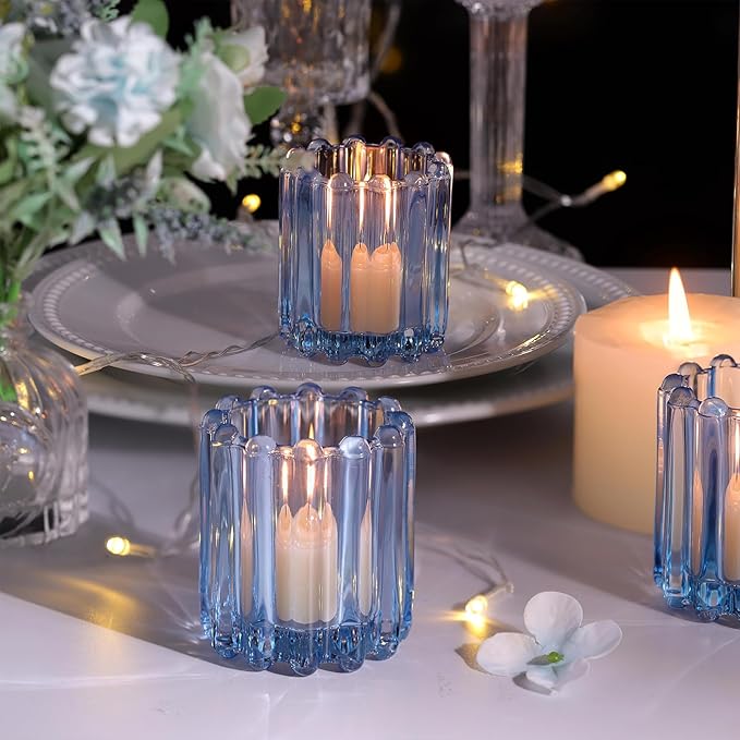 Glass Blue Votive Candle Holder, Ribbed Votive Candle Holders Set of 12, Tealight Candle Holder for Wedding Centerpieces Dinner Party Table Decor