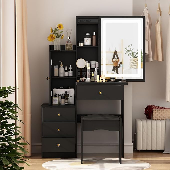 FAMAPY Vanity Mirror with Lights Desk and Chair, Vanity Desk with Sliding Lighted Mirror, Makeup Vanity with Lights, Drawers & Crystal Handles, Cushion Stool, Black