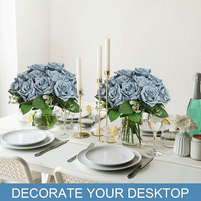 Artificial Roses Bouquets - 8 Bundles Fake Silk Flowers Realistic Faux Florals Bulk for Wedding Bridal Party Baby Shower Event Home Arrangements Centerpieces Decorations (Dusty Blue)