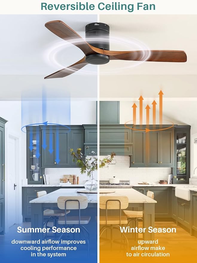 Sofucor 52 Inch Smart Ceiling Fan Without Lights Flush Mount Solid Wood Ceiling Fan with Alexa/Google Assistant/APP/Remote Control-Modern Outdoor Ceiling Fans No Light for Bedroom/Patio, Brown Black