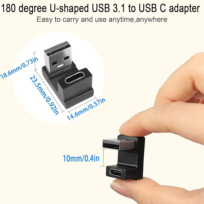 QIANRENON USB 3.1 to USB C U-Shape Angle Adapter 10Gbps USB A Male to USB C Female 180° Angle Connector, for 3A Charging OTG Data Transfer, for Laptop Tablet,2Pcs (Female up)