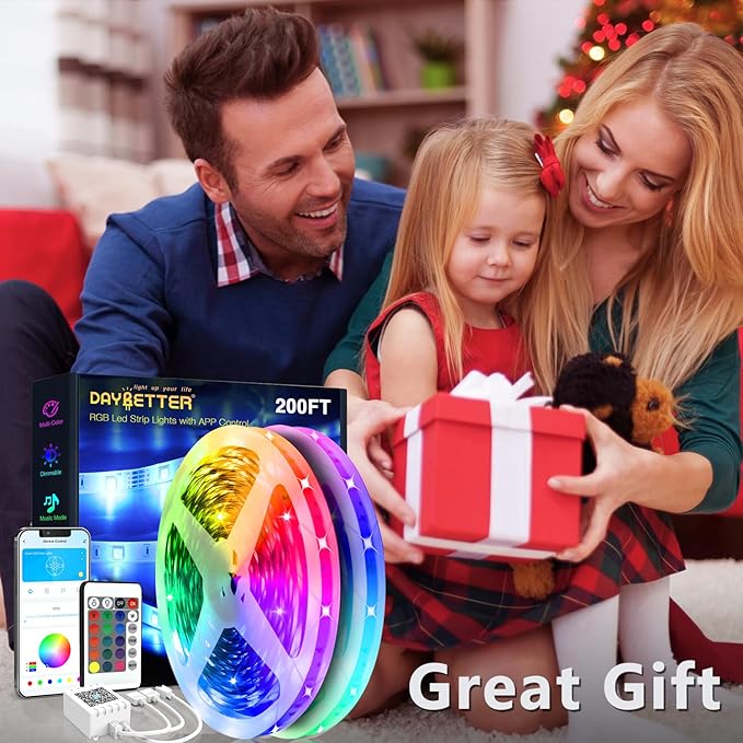 DAYBETTER Led Strip Lights 200 ft (4 Rolls of 50 ft) Ultra Long Smart Light Strips with App Voice Control Remote, RGB Music Sync Color Changing Lights for Bedroom, Kitchen, Party,Home Decoration