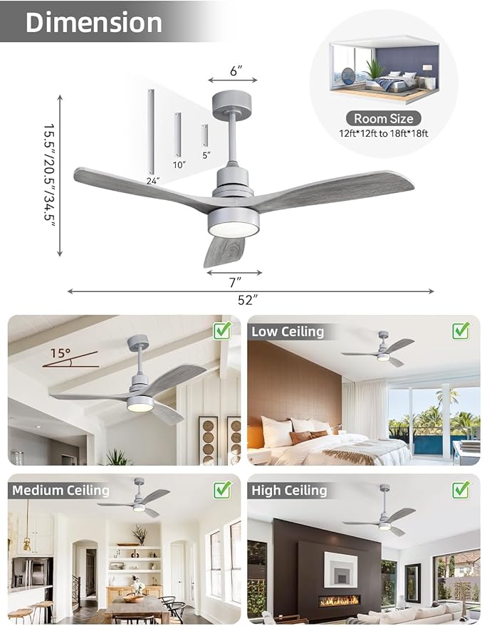 Sofucor 52 Inch Smart Ceiling Fans with Lights and Alexa/Google Assistant/APP/Remote Control-Modern Solid Wood Outdoor 3 Blades Ceiling Fan for Bedroom Living Room Indoor Farmhouse Patio, Silver Grey