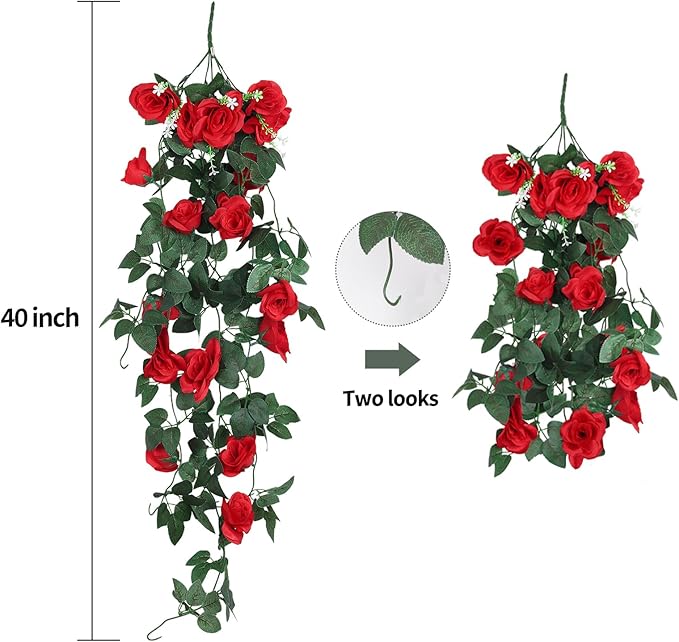 RECUTMS Hanging Flowers Artificial Plants 2PCS 3.3Ft Rose Vine Flower for Home Room Garden Wedding Indoor Outdoor Decoration (Red)