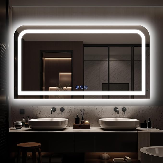 LED Bathroom Mirror, 55"x 30" LED Mirror with Lights for Bathroom, Lighted Vanity Mirrors for Wall, Anti-Fog, Dimmable, Tempered Glass, Memory Function, 3 Colors, Safe Use (White)