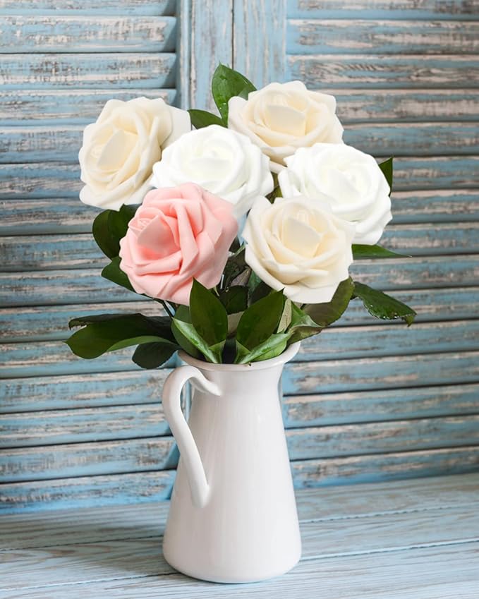 JOYLEX Artificial Flowers Realistic Roses, Real Looking Fake Roses with Stem for DIY Wedding Bouquets Centerpieces Bridal Shower Party Romantic Decorations (25pcs, White/Cream/Light Pink)
