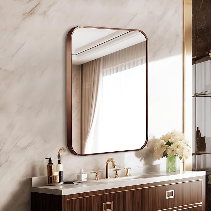 24"x30" Brushed Bronze Bathroom Mirror for Wall, Rounded Rectangle Mirror with Brown Metal Frame Hanging for Bathroom Entryway Vanity,Living Room,Bedroom,Vertical or Horizontal