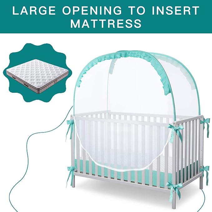 Crib Pop Up Tent Baby Safety Mesh Cover Mosquito Net Toddler Bed Canopy Netting Cover Protect Baby from Biting and Falling, Emerald, 51 x 51 x 27 Inch