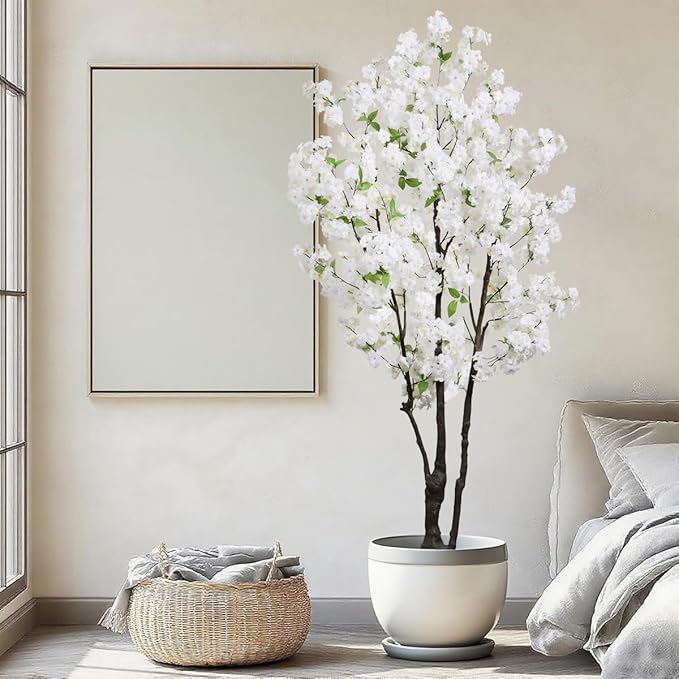 Large Artificial Cherry Blossoms Tree Indoor Faux Cherry Blossom Tree White 6FT Bedroom Trees for Home Decor