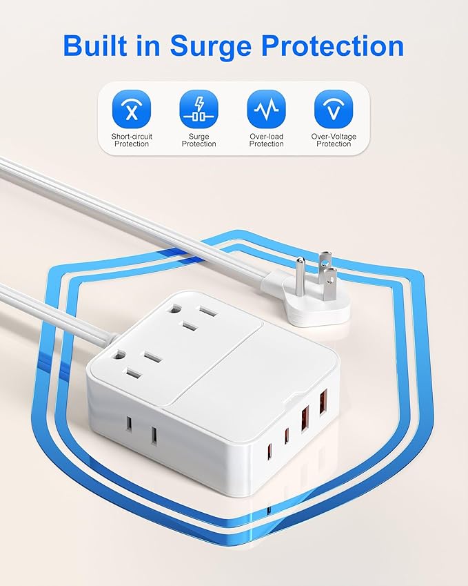 Power Strip Flat Plug with 4 AC Outlets 4 USB Ports (20W), Surge Protector Charging Station with Overload Protection, 6Ft Flat Plug Extension Cord, Fast Charging for Office Dorm Room (White)