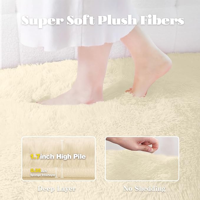 4FT Round Rug for Bedroom: Fluffy Shag Soft Washable Rugs Circle Small Fuzzy Plush Indoor Carpet for Living Room Nursery Playroom Dorm Kids Girls Boys Room (Cream White, 4'x4')