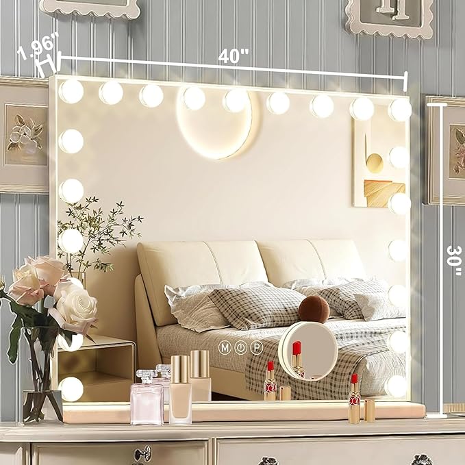 Hollywood Vanity Mirror with Lights, 21 Dimmable Bulbs, 3 Color Lights,Make Up Lighted Mirror, Aluminum Metal Frame, USB Charging Port（40" x 30"）