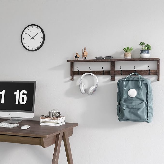 Coat Hooks, Wood Rack Wall-Mounted, 31.5 Inch Entryway Shelf with 10 Hooks (Brown)