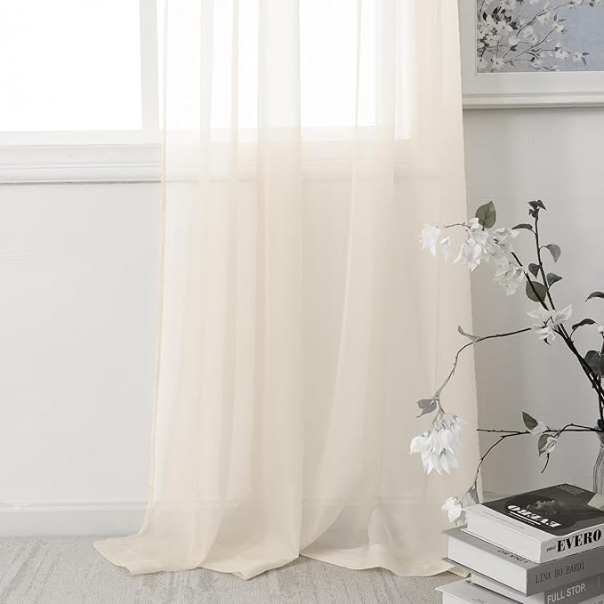 HUTO Beige Peach Sheer Curtains 54 inches Long for Bedroom Top Rod Pocket Sheer Window Panels Curtains for Nursery Living Room 52 by 54 Inch Length Set of 2