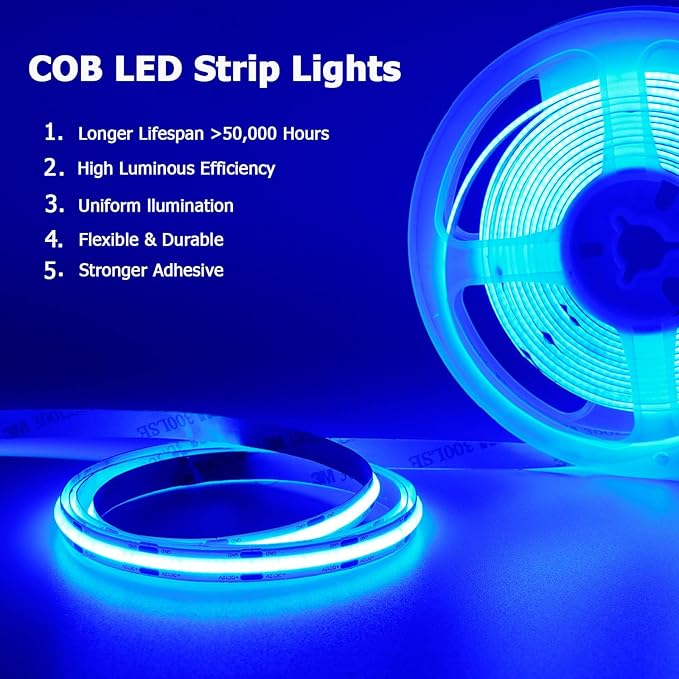 TOPAI 12V COB LED Strip Light Blue Waterproof IP65 16.4ft/5M 480LEDs/M Dotless High Density Self Adhesive Cuttable Flexibl LED Tape Light for Cabinet Home DIY Lighting Projects