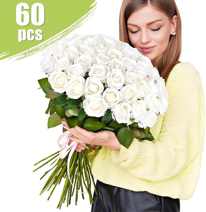 120 Pcs Artificial Roses Bulk Velvet Silk White Roses White Roses for Wedding Centerpieces Bridal Bouquet Mohter's Day Home Decor (120, White)