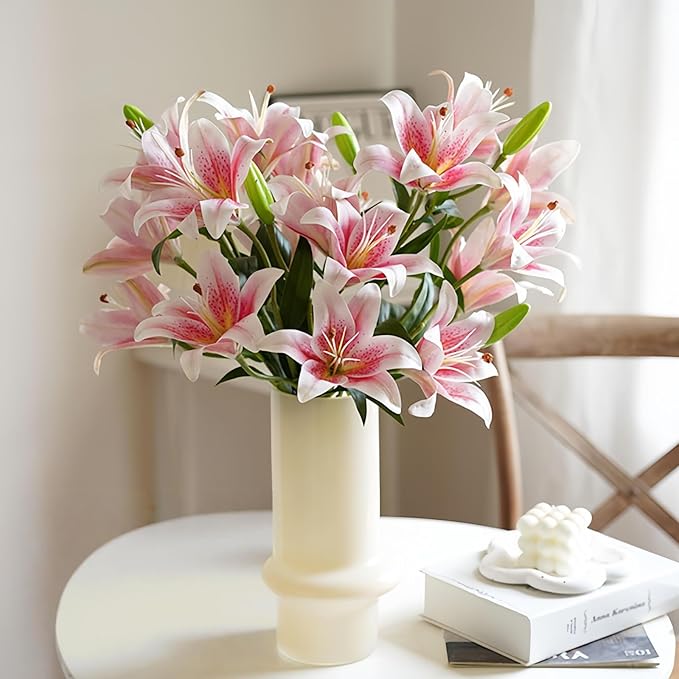 ASTRYAS 18 Heads Artifical Lily Flowers, Pink Artificial Stargazer Lilies with 18 Heads Full Bloom Lily & 6 Buds-Faux Lilies Flowers for Home Hotel Flower Arrangement Party Decor Cemetery（2PCS, Pink