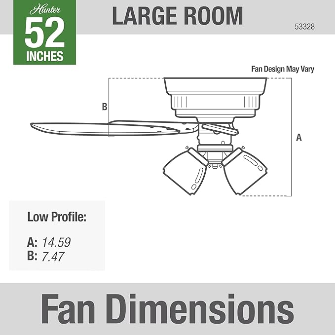 Hunter 52 inch Indoor Ceiling Fan with LED Lights - Ceiling Fan with Pull Chain, For Bedroom, Living Room, or Kitchen, Low Profile Mount, No Remote, 5 Blades - Builder 53328, Brushed Nickel