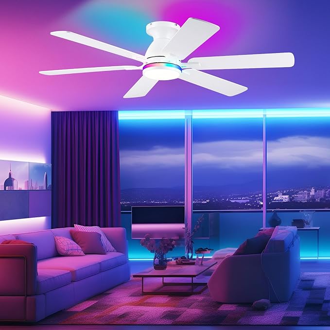 Ceiling Fans with Lights- 52" RGB Low Profile Indoor Ceiling Fan with Light and Remote/APP Control, Flush Mount, 6 Blade, LED Dimmable DC Reversible Modern Ceiling Fan for Bedroom（White）