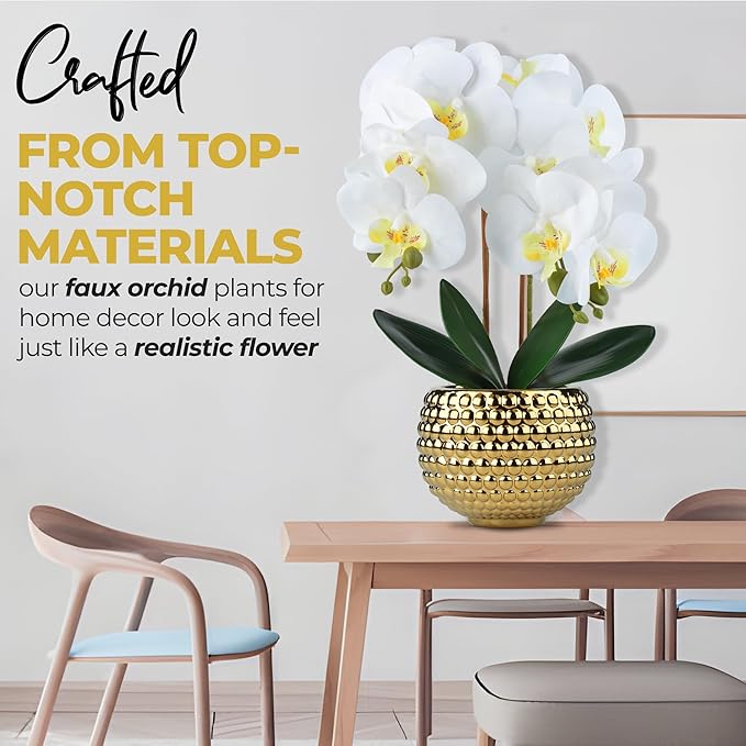 Large Orchids Artificial Flowers, 17'' White Faux Orchids with Gold Pot for Living Room Decor, White Faux Orchid Plant for Bathroom Kitchen Home Indoor Hotel Decor (Large Gold)