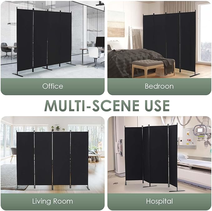 RANTILA 4 Panel Room Divider, 6 FT Folding Privacy Screen with Wide Feet, Freestanding Partition for Room Separation, Portable Room Divider Panel, 89" W x 71" H, Black