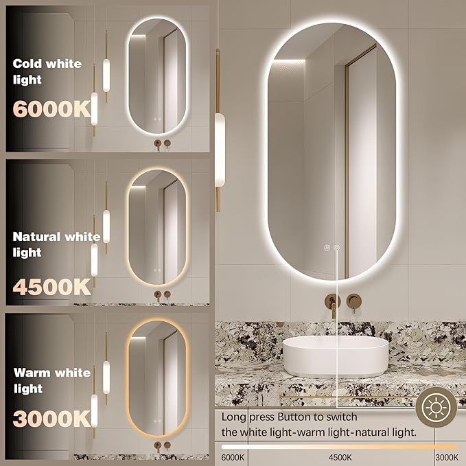 48"x24" Oval Led Mirror for Bathroom, Frameless Vanity Mirror with Lights, Modern Lighted Bathroom Mirror Wall Mounted, Anti Fog Smart Mirror with 3 Colors Dimmable, Vertical/Horizontal