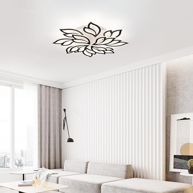 Garwarm Modern Ceiling Light, Dimmable LED Flower Flush Mount Ceiling Lamp, 90W Acrylic Petals Ceiling Chandelier Lighting Fixture with Remote Control for Living Room Bedroom Dining Room (Black)