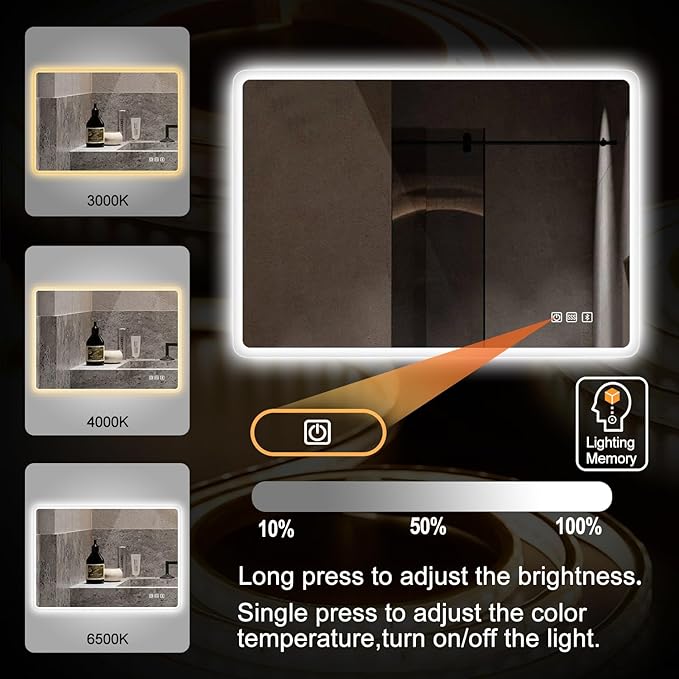 S'bagno 36"x28" LED Bathroom Mirror with Bluetooth Speaker, Anti-Fog & Waterproof, Dimmable Wall Mirror with Touch Control, 3 Light Colors, Vertical or Horizontal