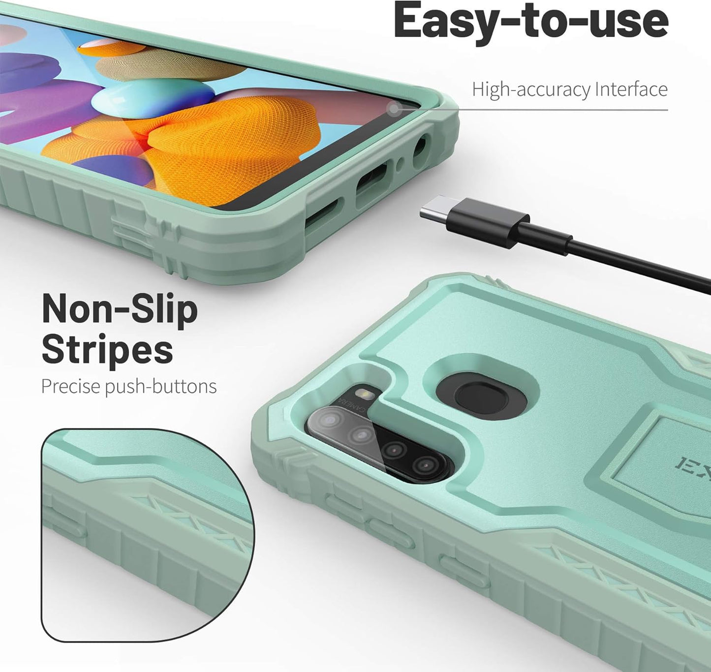 ExoGuard Rubber Shockproof Full-Body Case for Samsung Galaxy A21, Green with Built-in Screen Protector & Kickstand