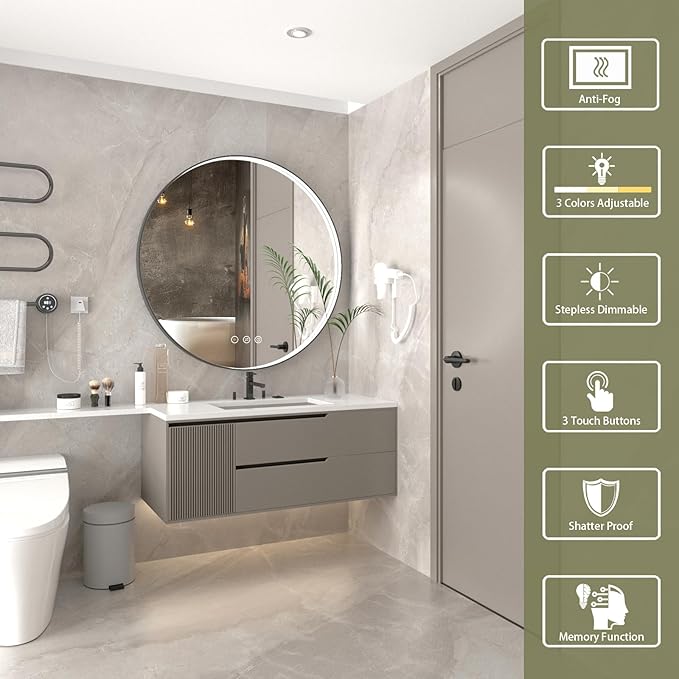 36 Inch LED Round Mirror for Bathroom, Black Metal Framed LED Bathroom Mirror with Lights, 3 Colors and Stepless Dimmable Wall Mounted Lighted Bathroom Vanity Mirror, Anti-Fog, Memory