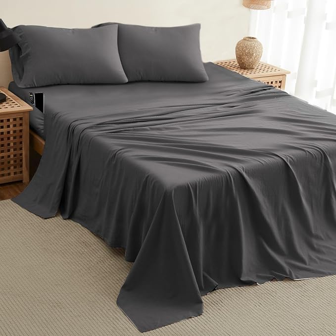 DREAMCARE Queen Size Sheets - Cooling Bed Sheets - 4pcs Set - up to 15" Deep Pocket Queen Sheet Set - Sheets Queen Size Bed - Soft & Long Lasting 100% Fine Brushed Polyester with Side Pocket - Grey