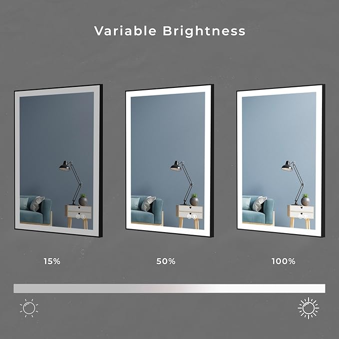 Fab Glass and Mirror LED Lighted Bathroom Mirror 30 x 40 Inch, Black Framed Wall Mounted Dimmable Vanity Mirror, Anti-Fog Touch Sensor, Adjustable Color Warm/White/Natural