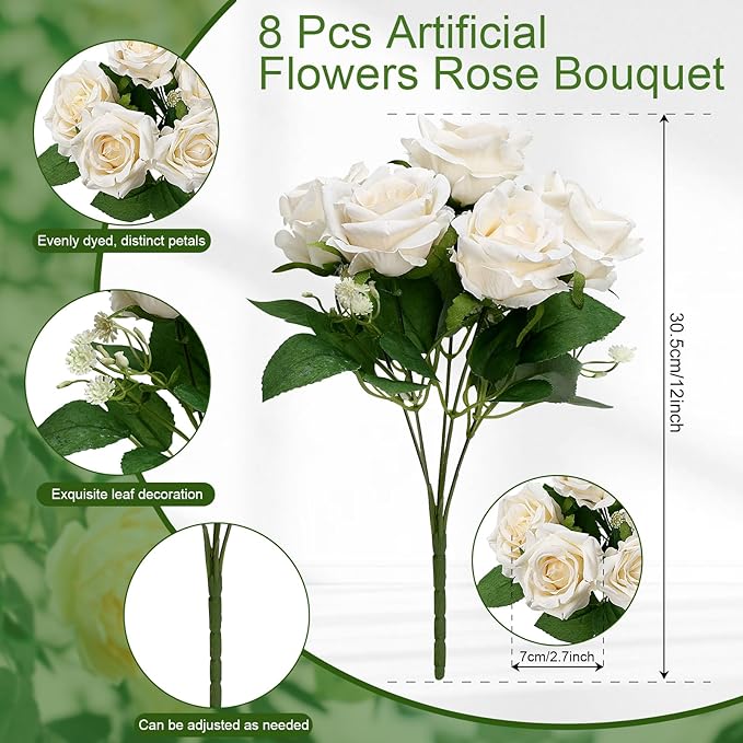 Artificial Roses Bouquets - 8 Bundles Fake Silk Flowers Realistic Faux Florals Bulk for Wedding Bridal Party Baby Shower Event Home Arrangements Centerpieces Decorations (Champagne)