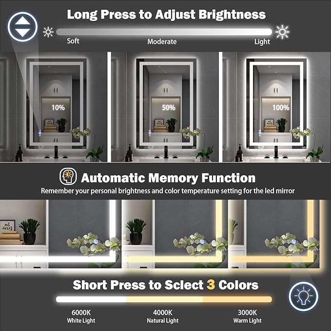 24''x36'' LED Bathroom Mirror with Front + Backlit, Tempered Glass Bathroom Mirror with Lights, Anti-Fog, 3 Colors with Stepless Dimmable Memory Bathroom Vanity Mirror for Wall, Shatterproof