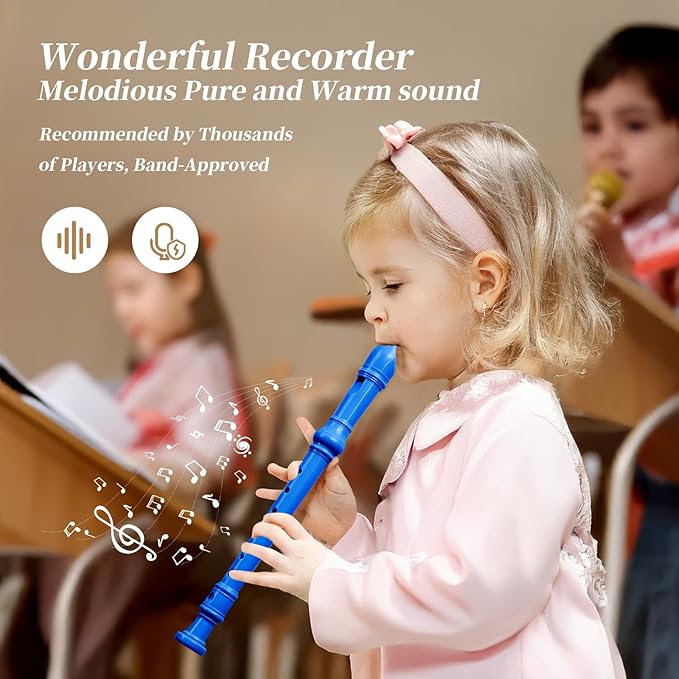 Soprano Recorder for Kids Beginners, German Fingering, C Key, 3 Piece with Cleaning Rod, Bag, Fingering Chart (Blue)…