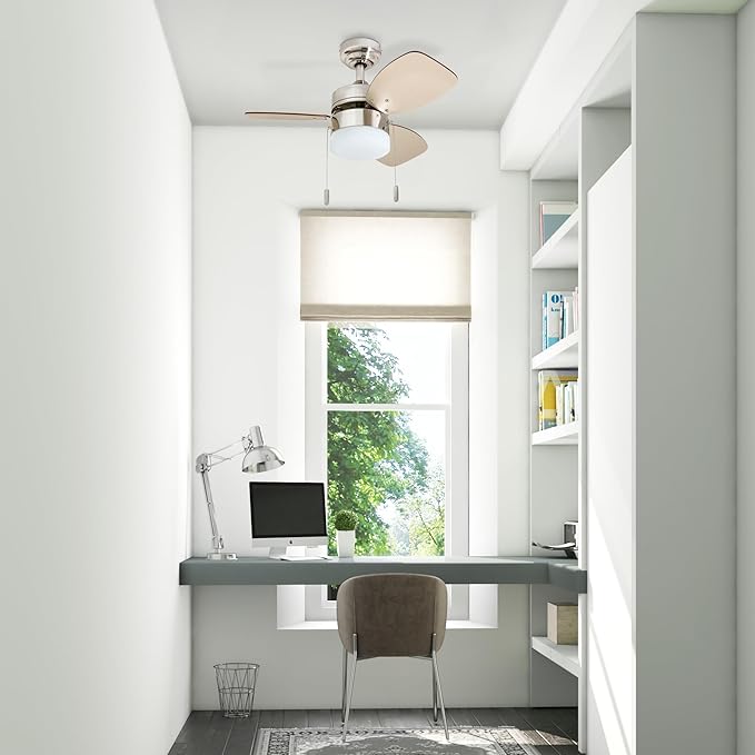 Honeywell Ceiling Fans Ocean Breeze Modern 30 Inch Ceiling Fan with Light, Pull Chain LED Indoor Fan with 3 Blades, Satin Nickel and Light Oak Blade Finish Options, Brushed Nickel (50601-01)
