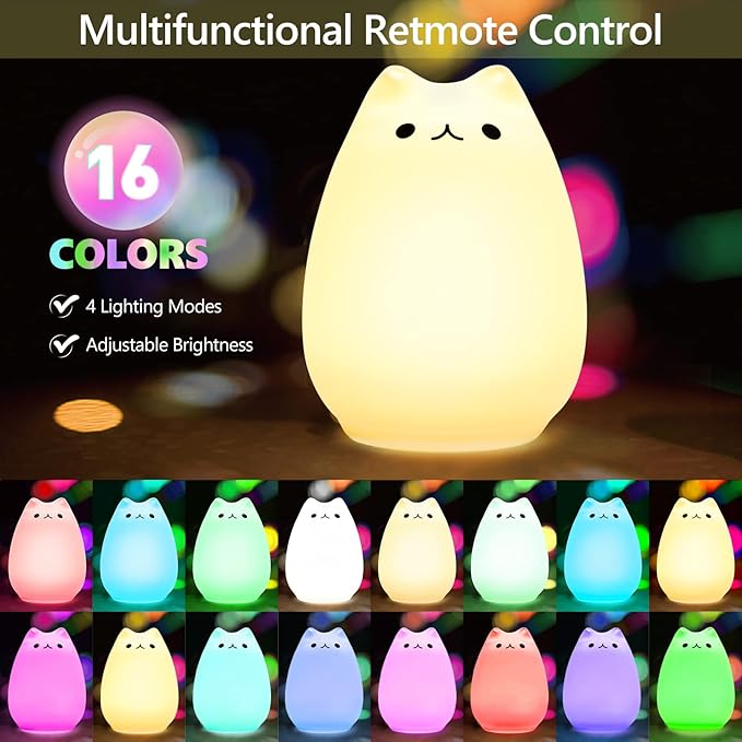 Litake Cute Cat Night Light, Squishy 16 Colors Changing Cat Lamp with Remote, Kitty Cat Touch Light, Silicone Baby Nightlight for Kids,Christmas Gifts for Kids Girls Boys Teen Room Decor Multi-Mode