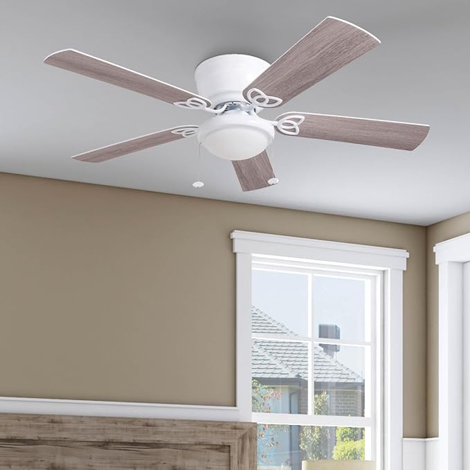 Prominence Home Benton Traditional 52 Inch Ceiling Fan with Light, LED Flush Mount Ceiling Fan, Indoor Fan with 5 Blades, White and Gray Oak Blade Finish Options, White (50852-01)