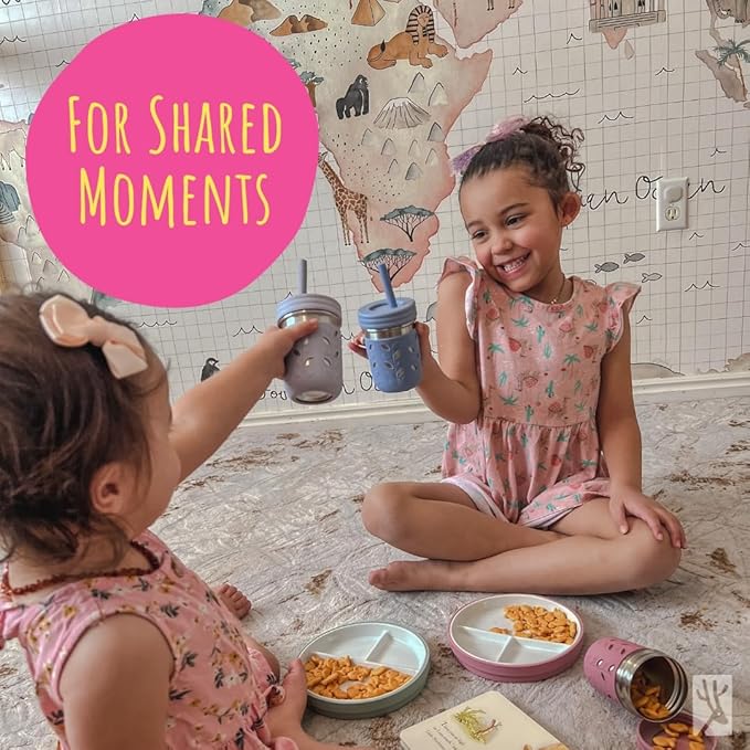 Elk and Friends Kids 6.7” Porcelain Divided Plates with Silicone Suction Sleeves + Silicone Lids | Suitable for Babies/Kids/Toddlers | Microwave & Dishwasher Safe | Non Slip | Snack Dishes | 4 Pack