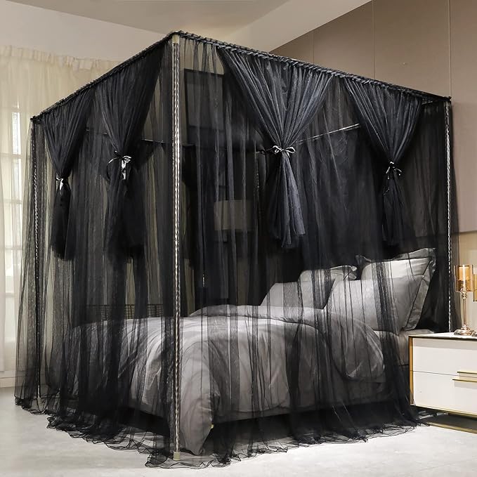 Joyreap 4 Corners Post Canopy Bed Curtain Black- Queen Size Royal Luxurious Cozy Drapes Netting- Elegant Bedroom Decoration Accessories for Adults