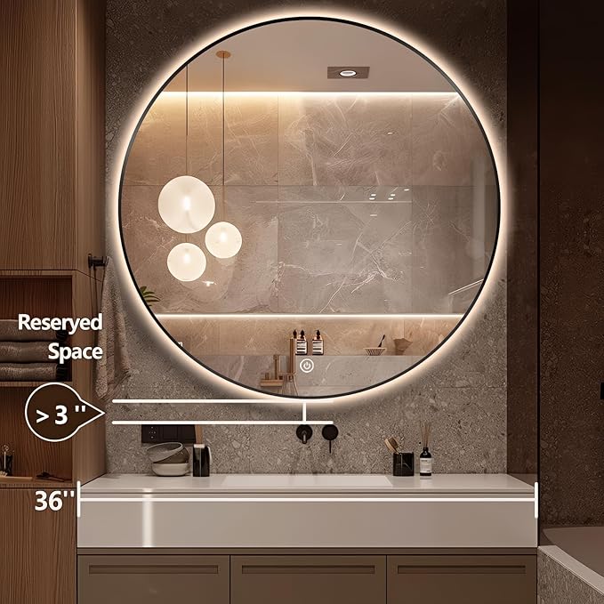 36" Round LED Bathroom Mirror, Wall Mounted Backlit Vanity Mirror with 45° Beveled Frame Lighted Mirror for Bedroom, Fog Free 3-Color Dimmable Lights Memory Function, Black
