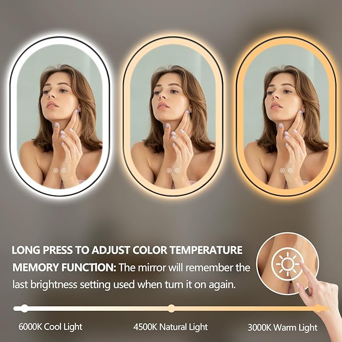 Niccy Oval LED Mirror for Bathroom, 48x30 Front Lit + Backlit Vanity Mirrors with Light Anti-Fog, Shatter-Proof, 3 Colors, Makeup Mirror with Black Frame (Horizontal/Vertical)