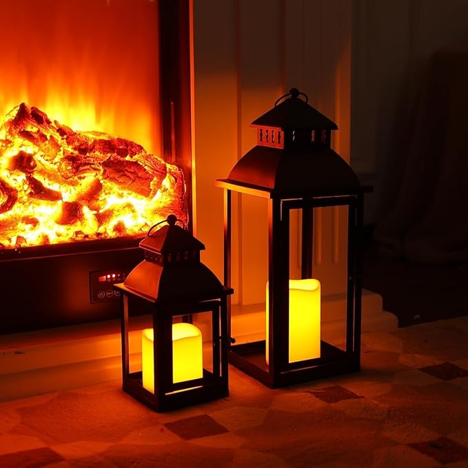 DECORKEY LED Lanterns Decorative Outdoor&Indoor, Set of 2 (17’’&11’’) Large Black Metal Lantern Decor with bronze brush, Candle Holder for Porch, Patio, Garden, Balcony, Wedding Decorations (No Glass)