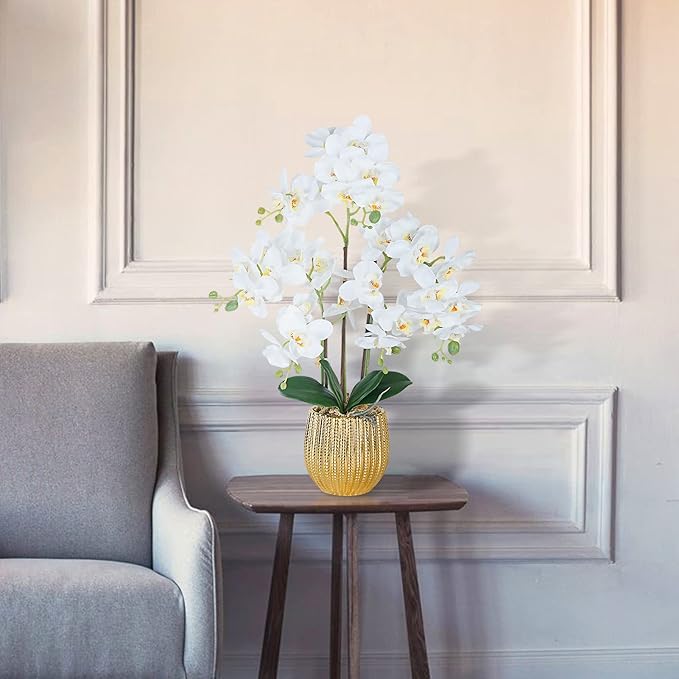Ziwon Artificial Orchid Flowers & Plants Potted in Ceramic Pot, White Faux Phalaenopsis Orchids for Table Centerpiece, Realistic Fake Flower Arrangement for Home Office Decor Indoor