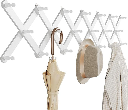 OROPY Wood Accordion Wall Hanger, Expandable Coat Rack Wall Mount with 20 Pegs, Expanding Hat Rack for Wall White