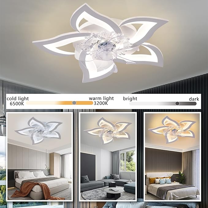 Low Profile Ceiling Fan with Lights,110v Modern Dimmable Flower Shape, Remote Control/app Control,Timing 6 Gear Speeds Fan Ceiling Lamp.