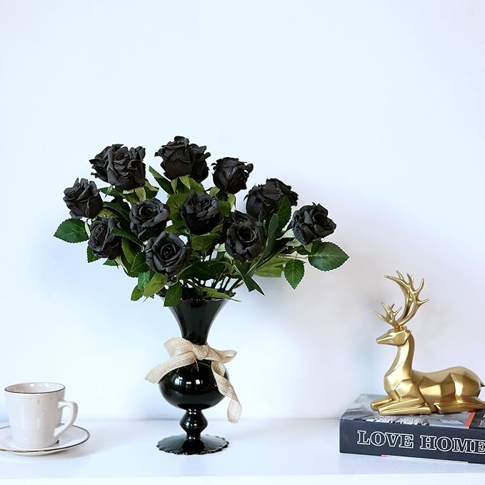 FOTEEWL 60 Pcs Artificial Rose Flower Realistic Faux Silk Roses Stem Fake Roses Bouquet for Flower Arrangement,Wedding Centerpieces,Party,Home Decor,Halloween Decorations (Black)