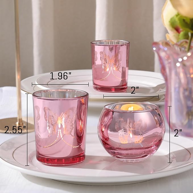Pink 12 PCS Combination Tea Lights Candle Holder Decorative with Butterfly Pattern, Votive Candle Holders for Wedding, Birthday, Anniversary, Parties, and Holiday Decorations